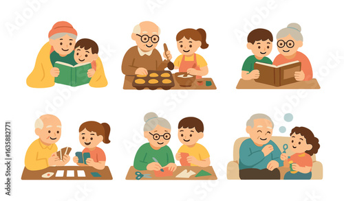 Cozy Grandma Moments. Flat vector mini-illustrations Cozy moments with grandchildren in colors children's