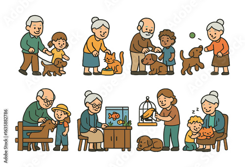 Grandparents' Pets Adventure. Flat vector mini-illustrations Grandparents with pets and kids in colors