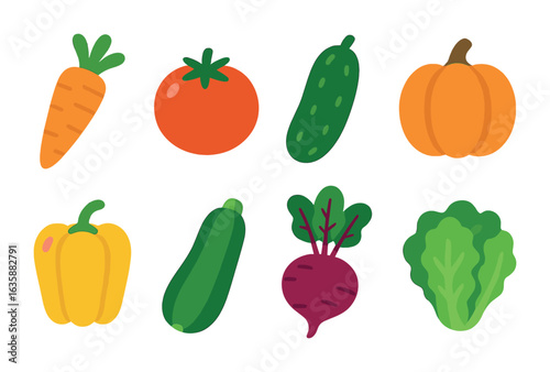 Colorful Garden Veggies. Flat vector mini-illustrations Garden vegetables in colors children's illustrations: