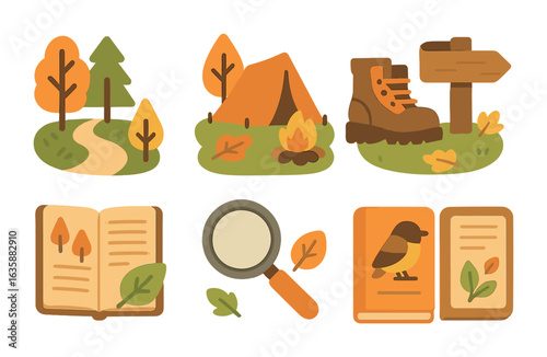 Autumn Adventure Icons. Flat vector mini-illustrations Autumn guiding adventures in colors children's
