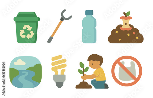 Eco Lessons for Kids. Flat vector mini-illustrations Environmental care lessons in colors children's