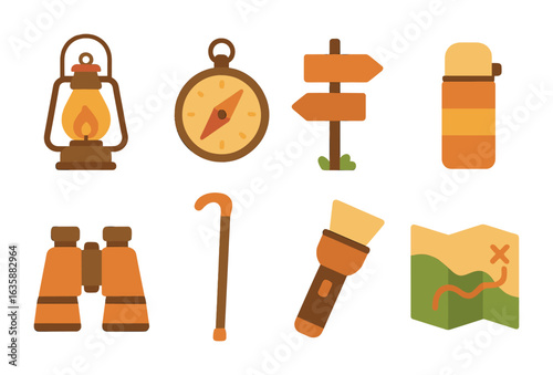 Autumn Adventure Icons. Flat vector mini-illustrations Autumn guiding objects in colors children's