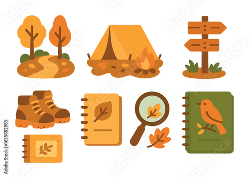 Autumn Adventure Icons. Flat vector mini-illustrations Autumn guiding adventures in colors children's