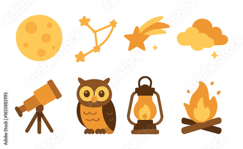 Autumn Night Icons. Flat vector mini-illustrations Autumn guiding stars and skies in colors children's