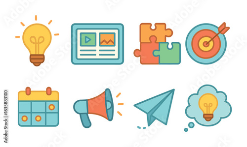 Creative Strategy Icons. Flat vector mini-illustrations Creative content strategy in colors children's