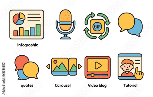 Colorful Creative Icons. Flat vector mini-illustrations Creative content formats in colors children's