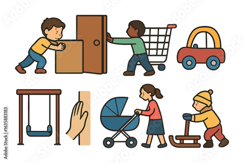 Pushing Motion Illustrations. Flat vector mini-illustrations The force of pushing in colors children's