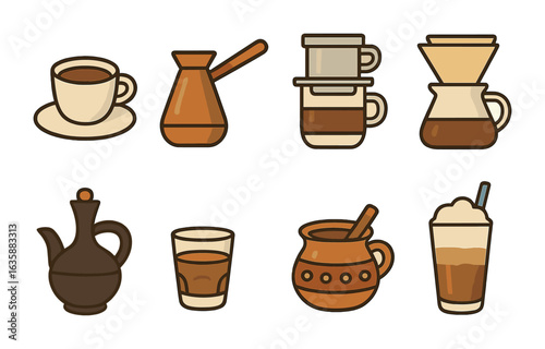 World Coffee Icons. Flat vector mini-illustrations Coffee around the world in colors children's illustrations: