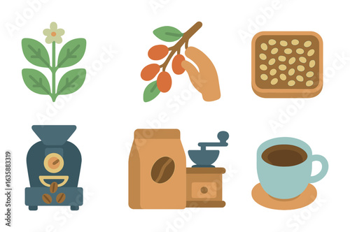 Coffee Bean Journey. Flat vector mini-illustrations Coffee bean journey in colors children's illustrations: