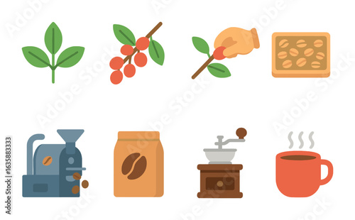 Coffee Bean Journey. Flat vector mini-illustrations Coffee bean journey in colors children's illustrations:
