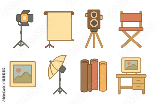 Retro Photography Studio Icons. Flat vector mini-illustrations Retro photography studio in colors children's