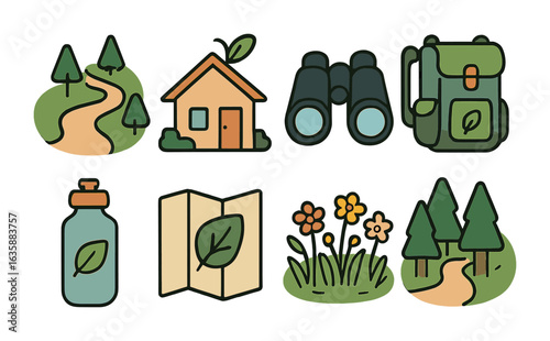 Eco Tourism Icons. Flat vector mini-illustrations Eco-tourism and travel to natural destinations in colors