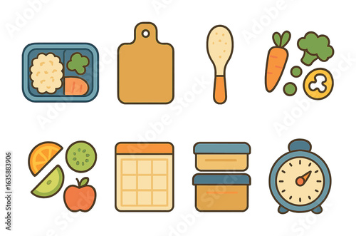 Meal Prep Icons. Flat vector mini-illustrations Meal prepping in colors children's illustrations: meal