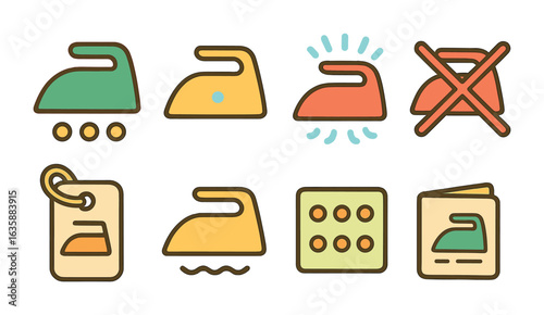 Colorful Laundry Icons. Flat vector mini-illustrations Ironing symbols and laundry labels in colors children's
