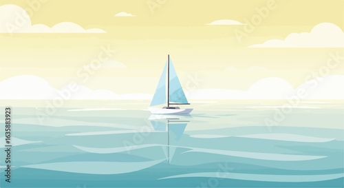 Sailboat sailing on calm ocean water under a pastel sky with soft clouds. Illustration
