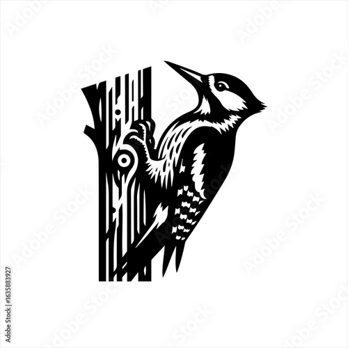 Stylized black and white woodpecker clinging to a tree trunk