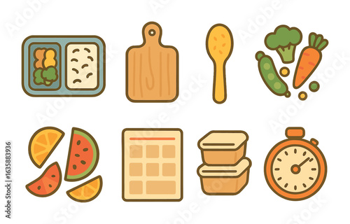 Meal Prep Icons. Flat vector mini-illustrations Meal prepping in colors children's illustrations: meal
