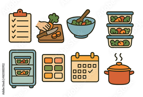 Kids' Meal Prep Icons. Flat vector mini-illustrations Weekly meal prep routine in colors children's