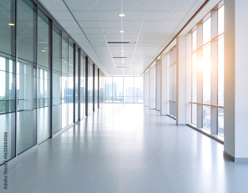 Fototapeta premium Empty office hallway with city view