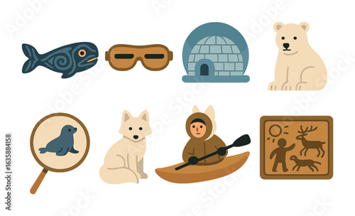 Arctic Tales for Kids. Flat vector mini-illustrations Arctic and Inuit visual storytelling in colors