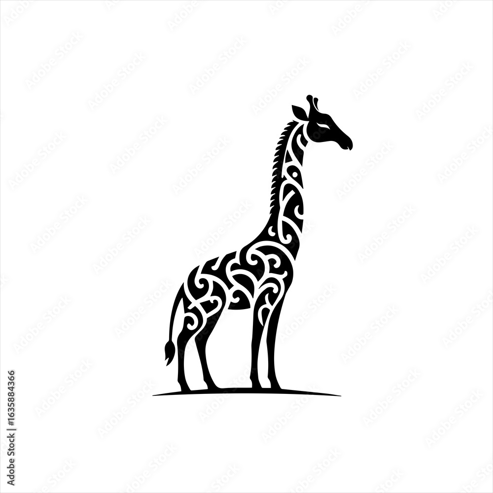 Fototapeta premium Elegant black giraffe silhouette with intricate tribal patterns