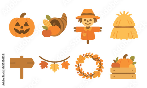 Autumn Harvest Icons. Flat vector mini-illustrations Autumn outdoor decorations in colors children's