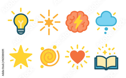 Creative Inspiration Icons. Flat vector mini-illustrations Abstract representations of inspiration in colors