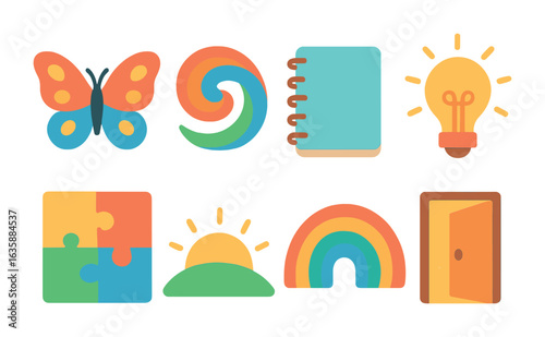 Colorful Transformation Icons. Flat vector mini-illustrations Positive transformation in colors children's