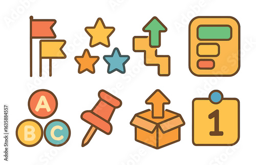 Colorful Task Icons. Flat vector mini-illustrations Task prioritization tools in colors children's