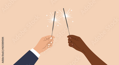 Sparkler celebration by two people, against peach background, for holiday use