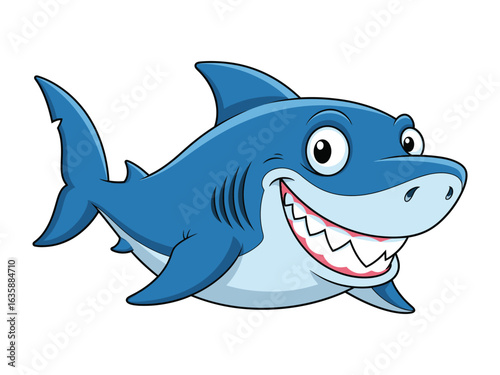 Ocean's Grinning Predator: A cartoon depiction of a formidable shark showcasing its impressive set of teeth, a vibrant illustration ideal for educational purposes or thematic designs.