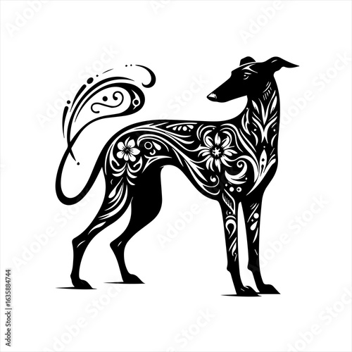 Elegant greyhound with floral ornate design and swirling tail