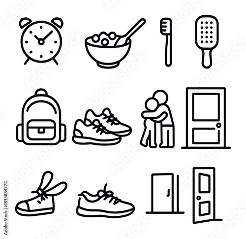 Morning School Routine Icons. Outline icon set of early morning school routine: alarm clock, breakfast bowl,