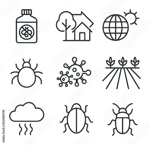 Pollinator Threat Icons. Outline icon set of threats to pollinators: pesticide bottle, habitat loss, climate