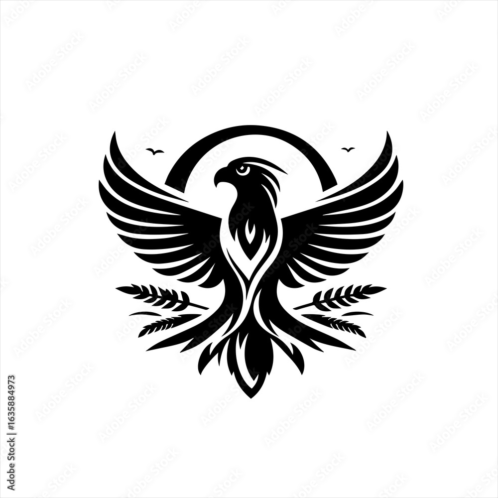 Obraz premium Stylized black eagle with wings spread and laurel branches