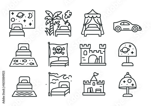 Themed Kids' Room Icons. Outline icon set of themed kids' rooms: space wallpaper, jungle decor, princess