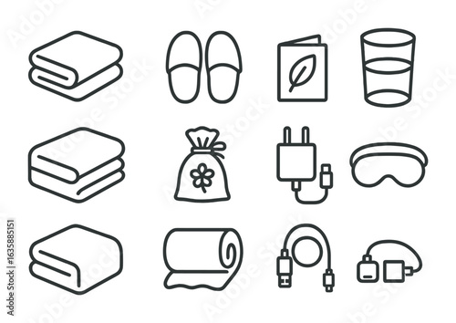 Guest Room Essentials Icons. Outline icon set of guest bedroom setup: folded towel, fresh slippers, welcome