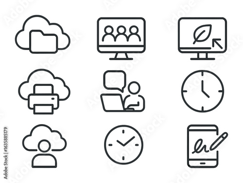Digital Efficiency Icons. Outline icon set of digital efficiency for sustainability: cloud folder, online