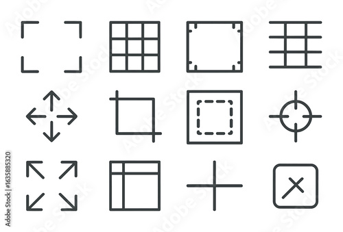 Design Alignment Tools. Outline icon set of graphic design alignment tools: alignment marks, grid overlay,