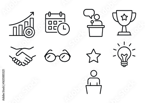Leadership Skills Icons. Outline icon set of leadership skill development: goal chart, time planner, public