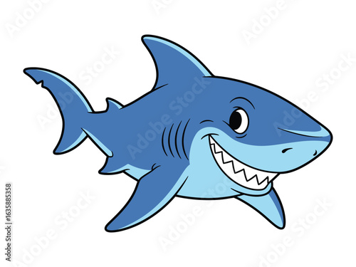 Smiling Shark Illustration: A cheerful, blue shark with a wide grin, showcasing its sharp teeth, swims gracefully in a minimalist style, creating a friendly underwater presence.