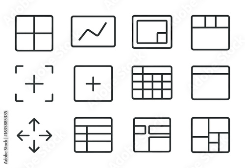 Dashboard Icon Set. Outline icon set of dashboard grid layouts: widget box, chart container, filter frame, KPI