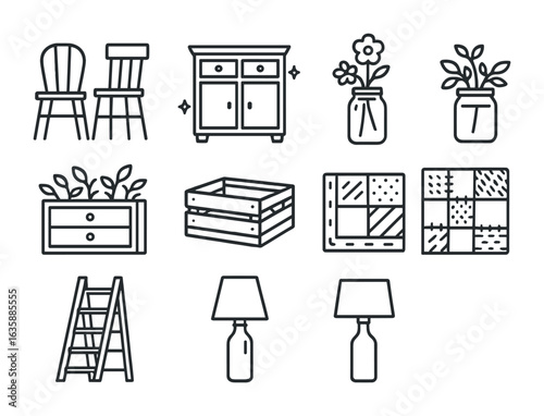 Thrifted Decor Icons. Outline icon set of thrifted and upcycled decor: mismatched chairs, repainted cabinet,