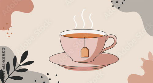 Cup of hot tea on saucer steams with abstract shapes in background, for cards, blog