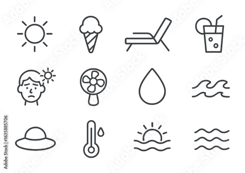 Hot Summer Icons. Outline icon set of hot summer day at the shore: blazing sun, ice cream cone, beach chair,