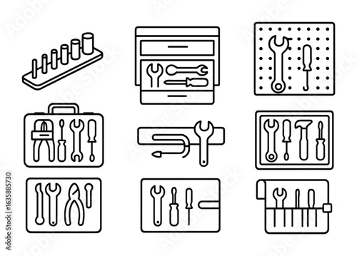 Tool Organization Icons. Outline icon set of tool organization methods: socket tray, tool drawer, pegboard