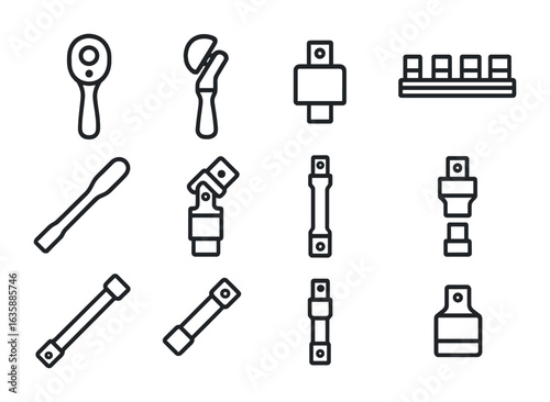 Socket Wrench Icons. Outline icon set of socket wrench accessories: ratchet handle, flex head, torque adapter,