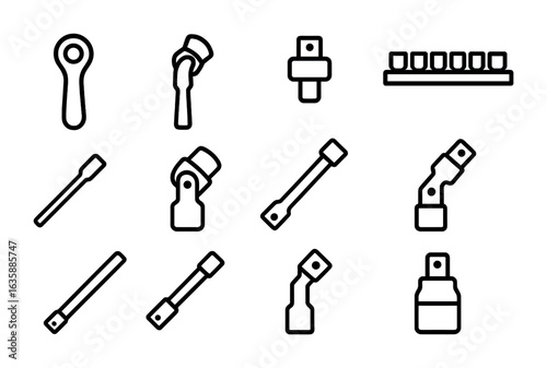 Socket Wrench Icons. Outline icon set of socket wrench accessories: ratchet handle, flex head, torque adapter,