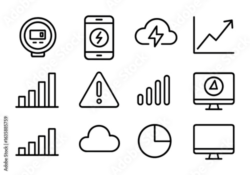 Smart Energy Icons. Outline icon set of smart energy monitoring: digital meter, energy app, cloud control,