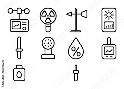 Environmental Tools Icons. Outline icon set of environmental monitoring tools: weather station, radiation